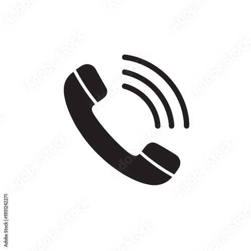 Black telephone receiver with curved lines indicating sound waves on white background