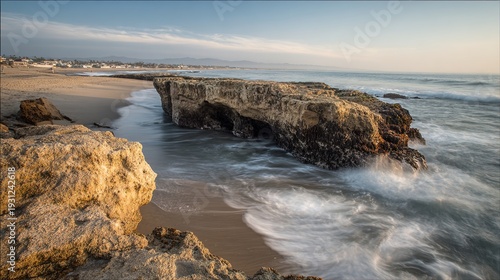 bedrock. Ocean waves crashing against coastal bedrock, eroding stone into sand in a powerful seascape. ESG reports, sustainability campaigns, designed for environmental awareness campaigns.