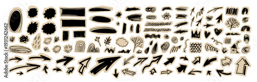 Scrapbook doodle sticker set. Vector handdrawn arrows, hearts, stars, and clouds. Cute paper collage elements. Scribbled shapes, cutouts, and abstract fun journal elements. Handmade grunge texture bg