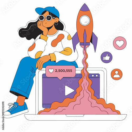 Conceptual illustration of a digital content creator achieving rapid online engagement and social media growth, symbolizing viral success and effective marketing strategies for reach