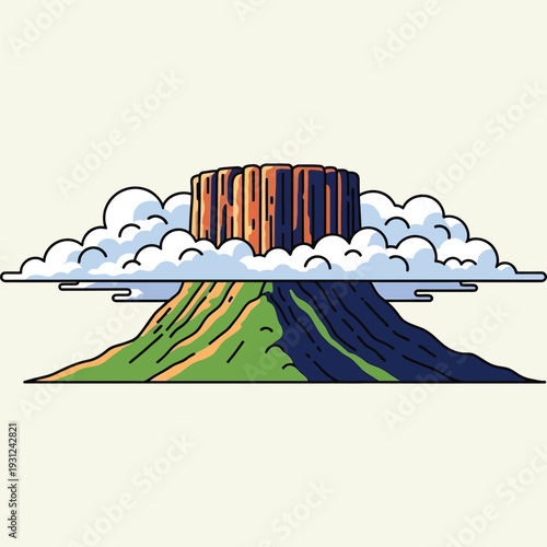 Minimalist vector illustration of majestic mountain peak surrounded by fluffy white clouds