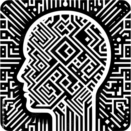Digital Mind: A stylized graphic of a human head interwoven with circuit patterns, symbolizing the fusion of human intellect and digital technology, exploring concepts of AI and futuristic thinking.