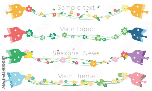 鮮やかに彩った植物と鳥のベクターイラスト素材。春や夏の季節の便り、イベントのパンフレットの見出しなどにも最適