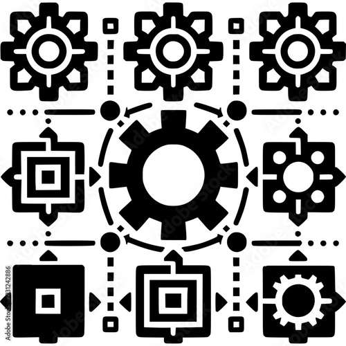 Interconnected Gear System: A collection of interlocking gears and connecting elements form a cohesive system, representing the efficiency and synergy of technology and innovation. 