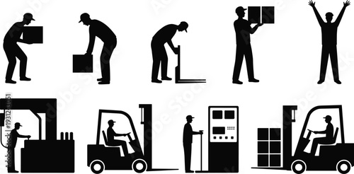 Black silhouettes of workers lifting boxes and operating machinery in an industrial setting