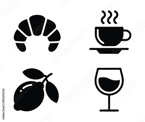 Black and white breakfast and drink icon vector set, croissant, hot coffee cup, lemon, and wine glass symbols for cafe menus, restaurant branding, and beverage design