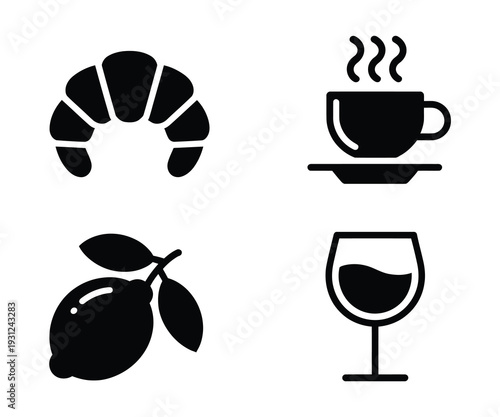 Black and white breakfast and drink icon vector set, croissant, hot coffee cup, lemon, and wine glass symbols for cafe menus, restaurant branding, and beverage design