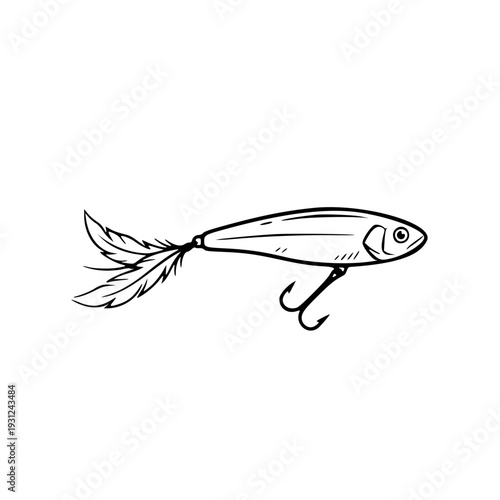 Vector Line Art Illustration of a Fishing Lure with Double Hook and Feather Tail Isolated on White Background for Angling and Outdoor Sports