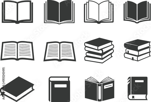 Collection of black and white book in various styles and orientations books open