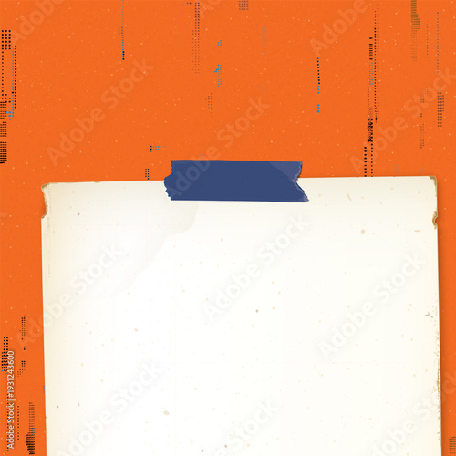 Old blank paper stick by blue adhesive tape on orange paper with ink stains from risograph defect printing square template