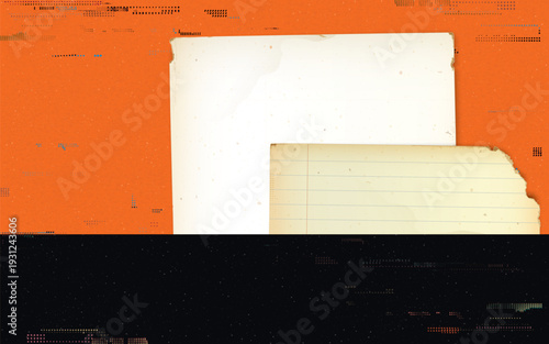 Old blank paper overlap with vintage foolscap on orange and black background with ink stains from risograph defect printing