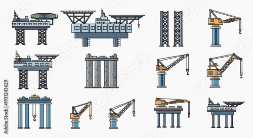 Collection of oil rigs and cranes depicted in various configurations and structures in a white background illustration