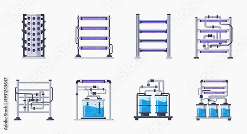 Industrial equipment and machinery illustrations showcasing various mechanical systems and processes from a front viewpoint