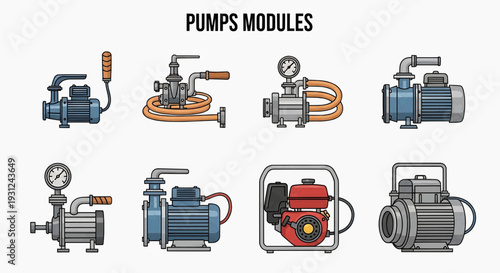 Collection of various industrial pump modules displayed in a grid layout illustration