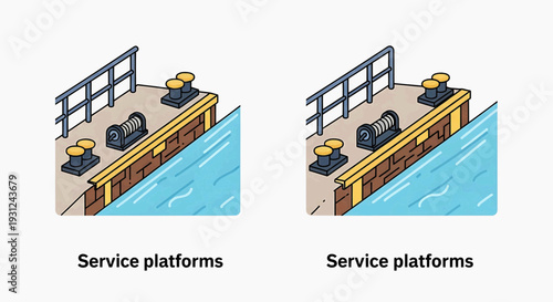 Illustration of service platforms on waterfront with cranes and machinery viewed from above