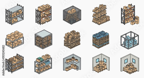 Collection of various warehouse storage configurations and shelving units illustrated in isometric perspective.