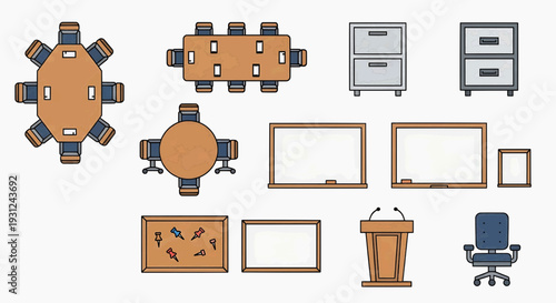 Office furniture and equipment illustration featuring tables, chairs, cabinets, and a podium in a modern workspace setting from a top-down viewpoint