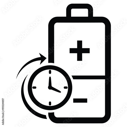 Black and white icon of a battery being charged with a clock indicating time passing