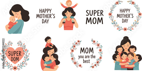 Happy Mother's Day illustrations featuring loving mothers embracing their children with celebratory text and floral designs.