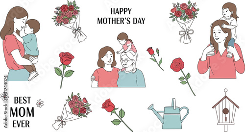 Happy Mother's Day illustration featuring various heartwarming scenes of mothers, children, and beautiful red roses, celebrating family love.