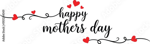 Elegant Happy Mothers Day Script Typography with Red Hearts and Decorative Swirls on a Clean White Background
