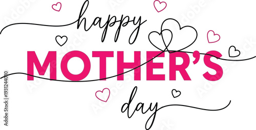 Happy Mother's Day text with decorative hearts and elegant script on a clean white background graphic.