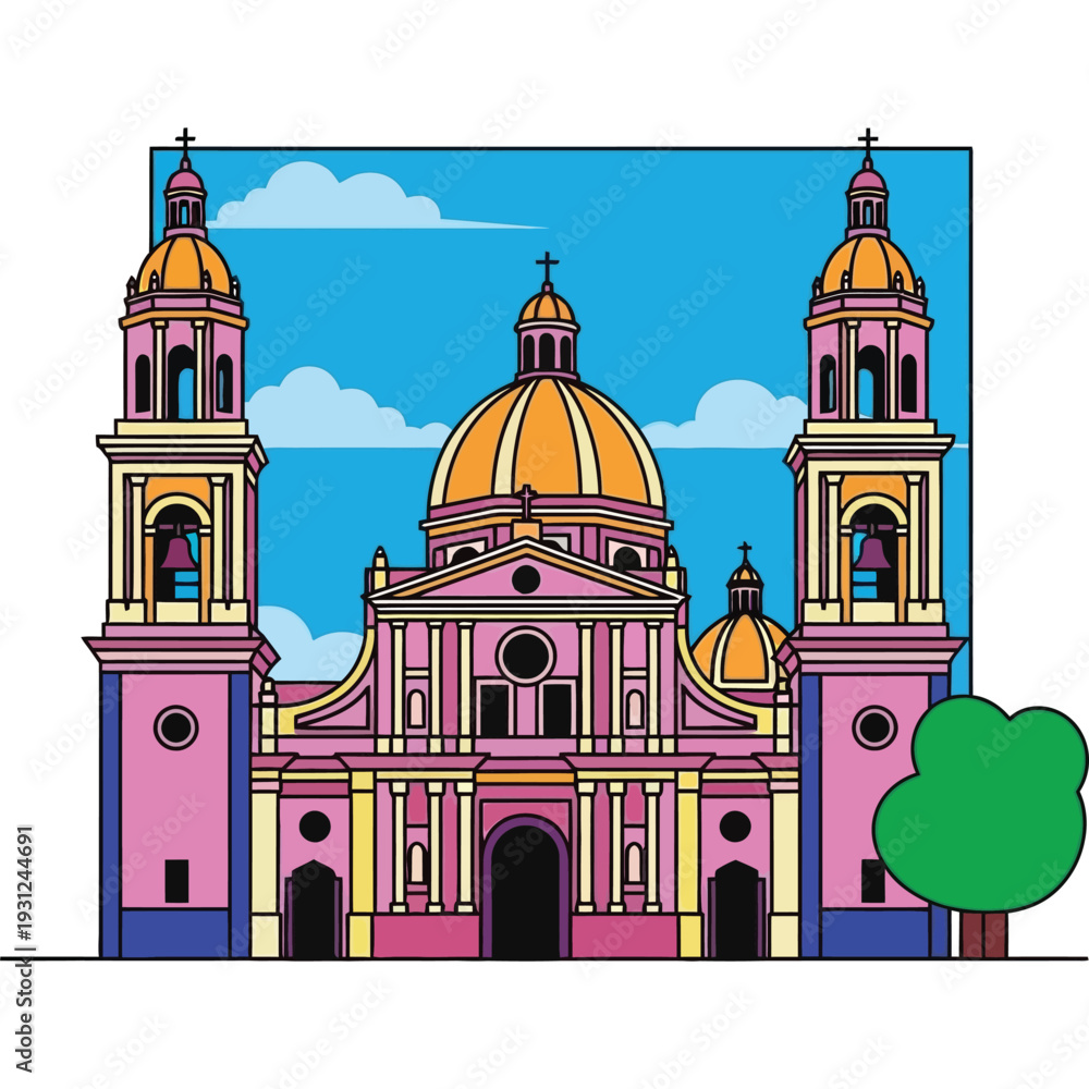 Fototapeta premium Colorful cathedral building architecture with ornate domes and bell towers under blue sky