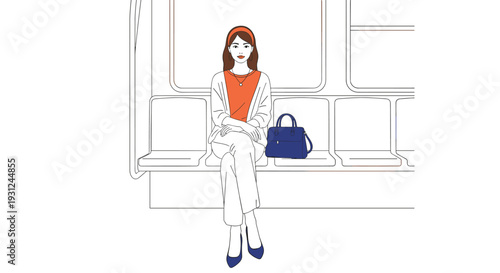 Elegant woman sitting calmly on a public transport train seat with a blue handbag next to her, depicted in a minimalist and clean line art style.