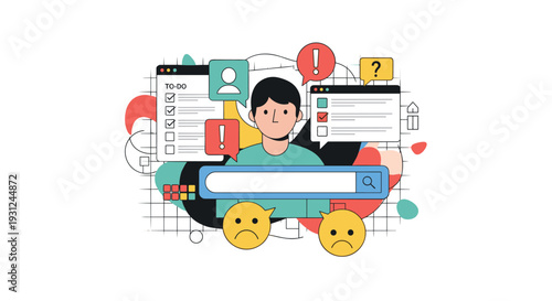 Young man distracted by various digital UI elements like a to-do list, search bar, and emoji bubbles, representing the challenge of multitasking.