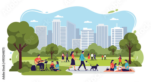 Vibrant city park scene with diverse people enjoying music, walking dogs, and having picnics with a modern urban skyline in the distant background.
