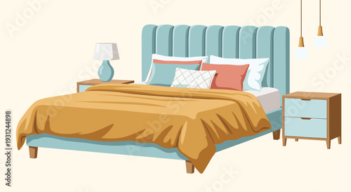 Modern bedroom interior design featuring a large bed with a teal headboard, yellow bedding, matching nightstands, and elegant hanging lamps.