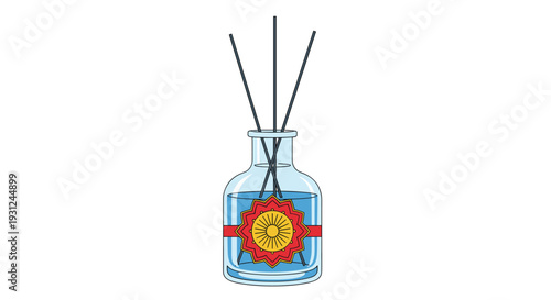 Simple vector illustration of a glass reed diffuser bottle with three wooden sticks and a decorative red and yellow label on a white background.