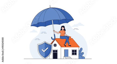 Home insurance concept showing a woman sitting on a house roof under a giant blue umbrella with a security shield icon for protection symbol.