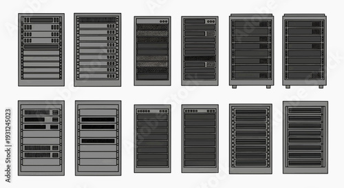 A collection of computer server racks, showcasing various designs and configurations