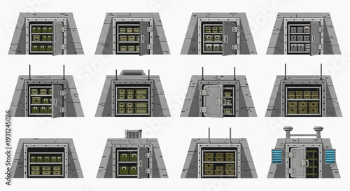 Variations of robust security vaults containing stacks of gold bars and currency, symbolizing wealth management, asset safeguarding, and protected riches