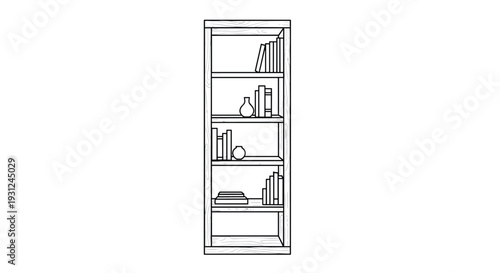 Minimalist black and white line drawing of a tall wooden bookshelf containing several books, a vase, and a small decorative sphere on its shelves.