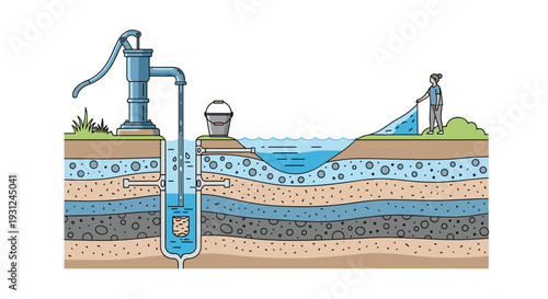 Educational diagram explaining the groundwater cycle with a hand pump, a deep well, and a woman collecting water from a small blue pond nearby.