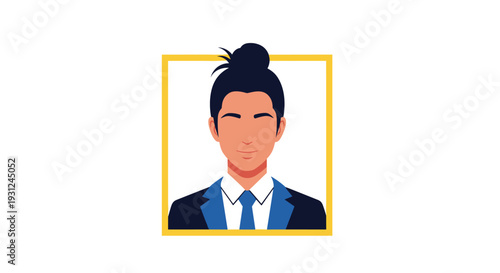 Professional avatar illustration of a man with a top knot bun hairstyle wearing a suit and tie, centered within a square yellow frame border.