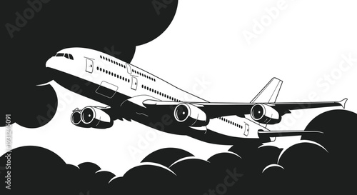 Dramatic black and white illustration of a large commercial airplane taking off and climbing through dark, heavy clouds in a bright sky.