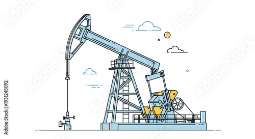 Industrial oil pump jack working in a field under a clear sky with clouds, representing the petroleum industry and energy production equipment.