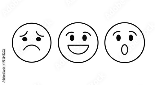 Three simple emoticon faces representing sad and happy and surprised expressions are aligned in a single row on white background.