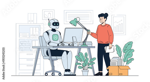 Human worker and a robot colleague collaborate in a modern office environment filled with green plants and many file folders.