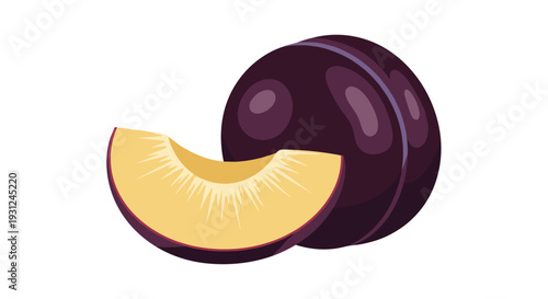 Tasty purple plum fruit with a fresh slice is displayed against a plain white background in this colorful food illustration.