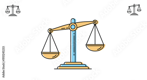 Classic brass scales of justice representing legal balance and fairness are shown in a clean and modern graphic design art.