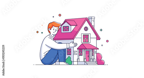 Young man sits on the floor and warmly hugs a model of a house symbolizing the dream of home ownership and property goals.