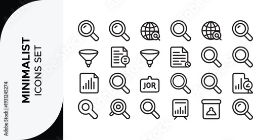Search set of web icons in line style. Magnifying glass linear icon collection. Containing SEO, Digital marketing, data analysis, management, investigate, find and more. Editable stroke