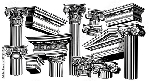 Collection of Ancient Greek Architectural Columns and Capitals.