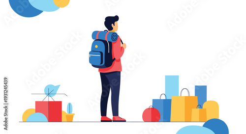 Traveler with a large blue backpack stands among various colorful shopping bags and modern abstract shapes in a city setting.