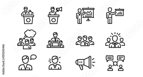 Collection of business and communication icons in a simple line art style.