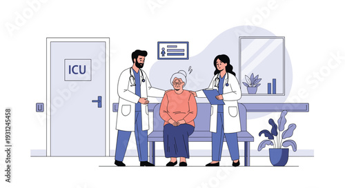 Caring medical doctors consult with an elderly woman sitting on a bench in a hospital corridor near the ICU door.